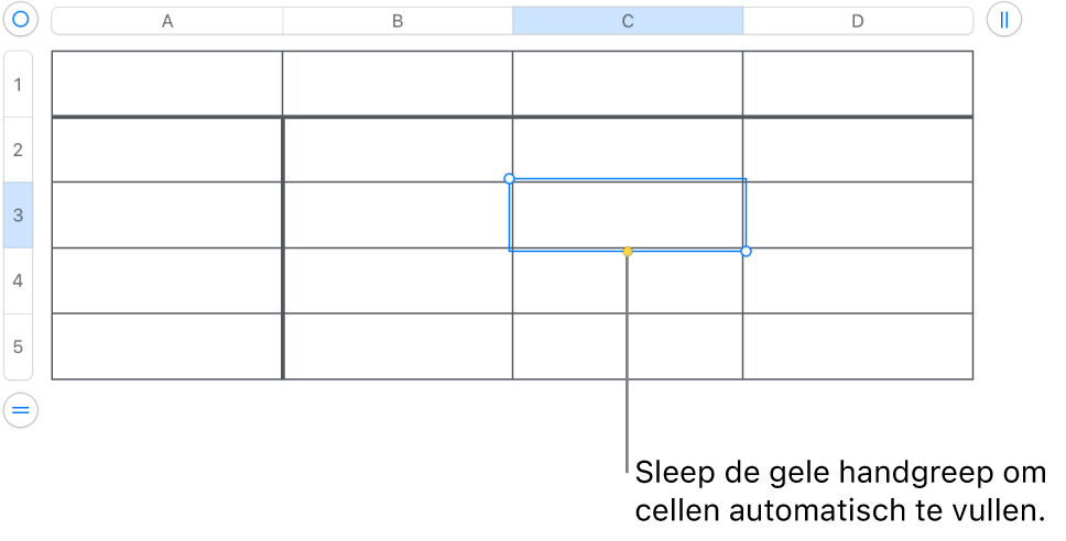 Een geselecteerde cel met een gele greep die je kunt slepen om cellen automatisch te vullen.