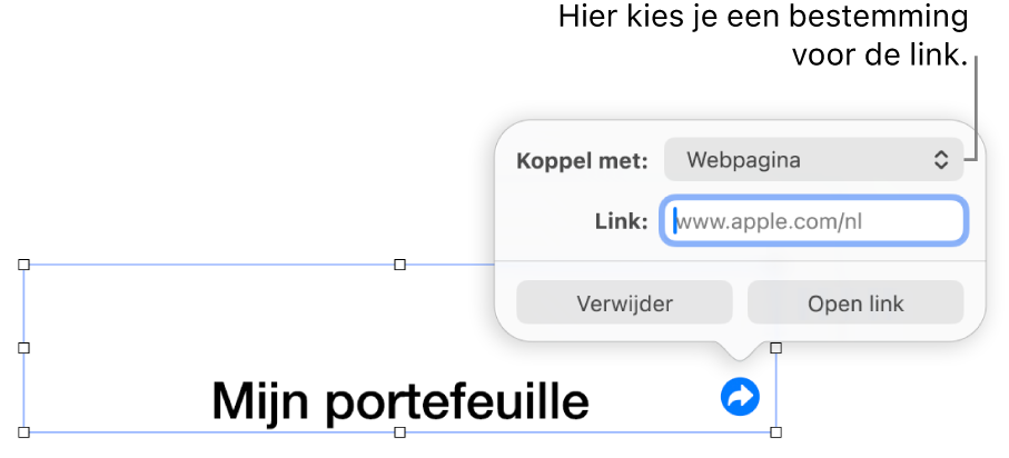 De regelaars in de linkeditor. 'Webpagina' is geselecteerd en onderaan staan de knoppen 'Verwijder' en 'Open link'.