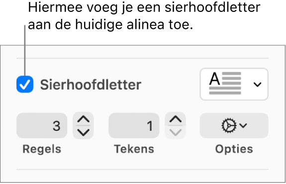 Het aankruisvak 'Sierhoofdletter' is ingeschakeld en rechts ervan staat een pop‑upmenu. Eronder staan regelaars voor het instellen van de regelhoogte, het aantal tekens en andere opties.