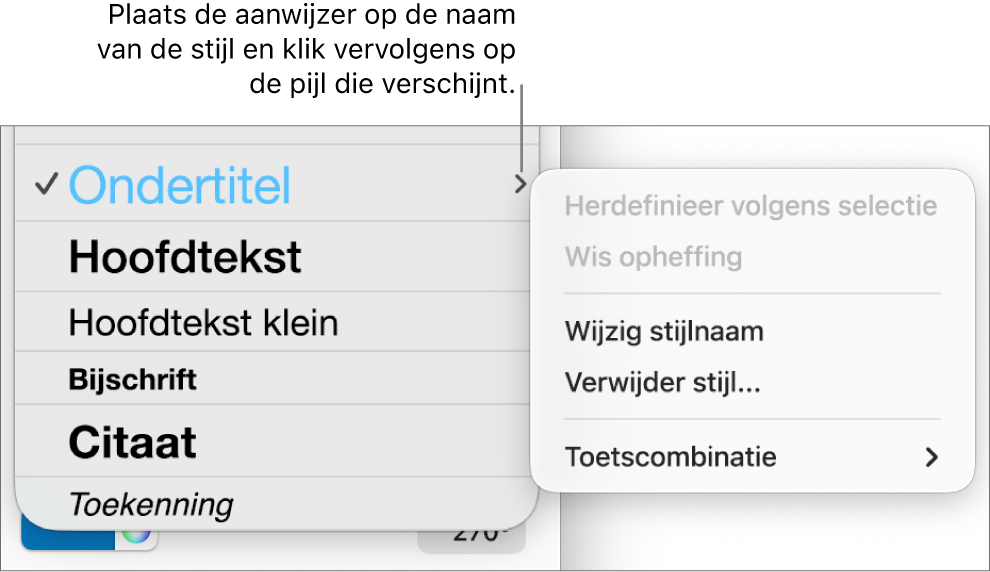 Het menu 'Alineastijlen' met het contextuele menu geopend.