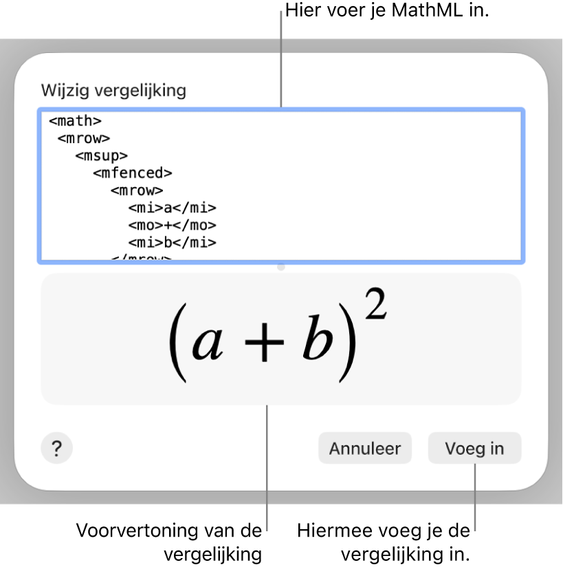 In het veld 'Wijzig vergelijking' staat de vergelijking voor de helling van een lijn, met daaronder een voorvertoning van de formule.