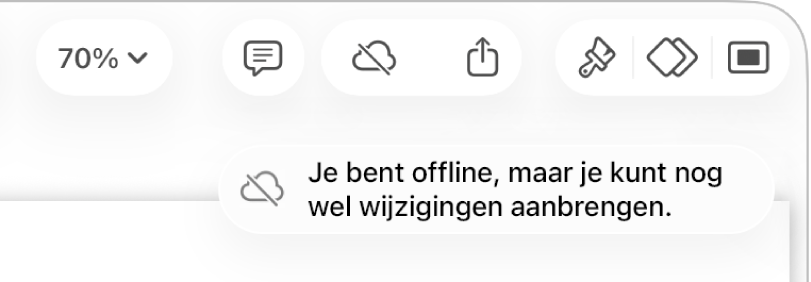 De knoppen boven in het scherm, met de knop voor samenwerking die is veranderd in een wolk met een schuine streep. De volgende melding staat op het scherm: 'Je bent offline, maar je kunt nog wel wijzigingen aanbrengen.'