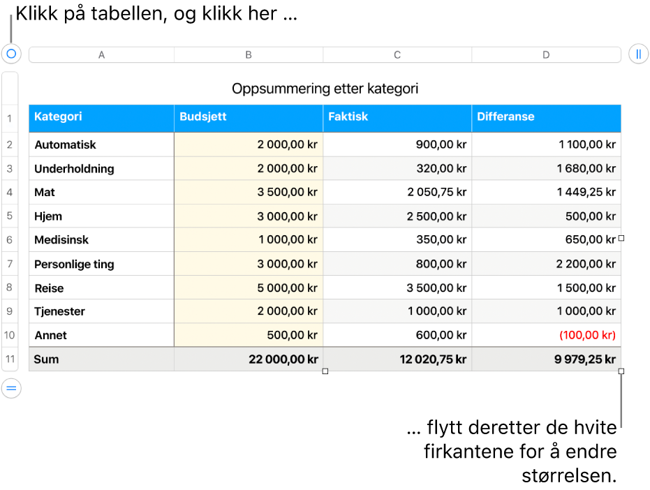 En markert tabell med hvite firkanter for å endre størrelsen.
