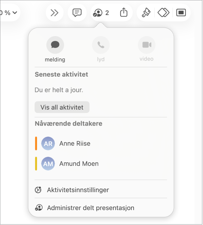 Samarbeid-menyen, som viser navnene til personer som samarbeider om presentasjonen.