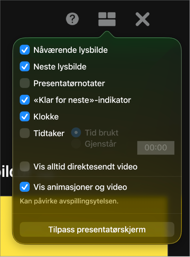 Valgene for presentatørskjerm, inkludert Gjeldende lysbilde, Neste lysbilde, Presentatørnotater, «Klar for neste»-indikator, Klokke og Tidtaker. Tidtakeren har ytterligere valg for å vise enten anvendt tid eller gjenstående tid.