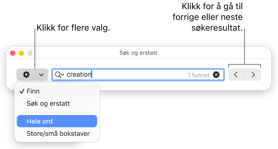Søk og erstatt-vinduet, med lokalmenyen viser alternativer for Finn, Søk og erstatt, Hele ord og Store/små bokstaver. Pilene til høyre lar deg hoppe til forrige eller neste søkeresultat.