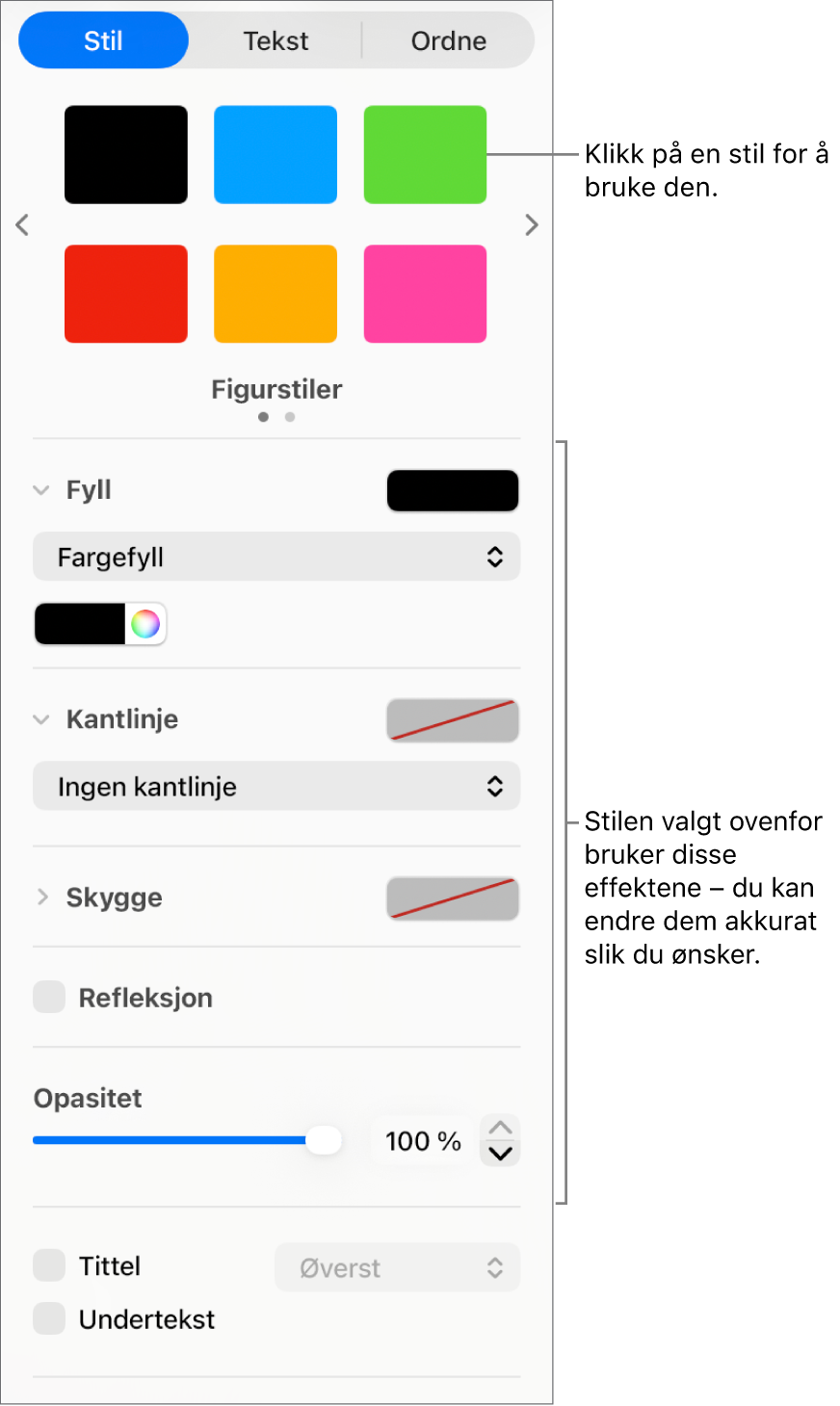 Figurstiler og -valg i Format-delen av sidepanelet.