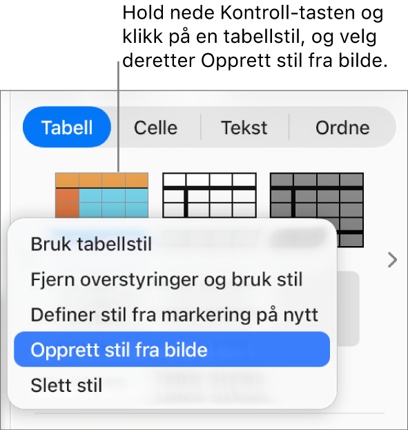 Snarveismenyen for tabellstiler.