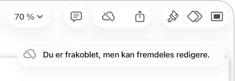 Knappene øverst på skjermen, med Samarbeid-knappen endret til en sky med en diagonal linje gjennom. I et varsel på skjermen står det: «Du er frakoblet, men kan fremdeles redigere.»