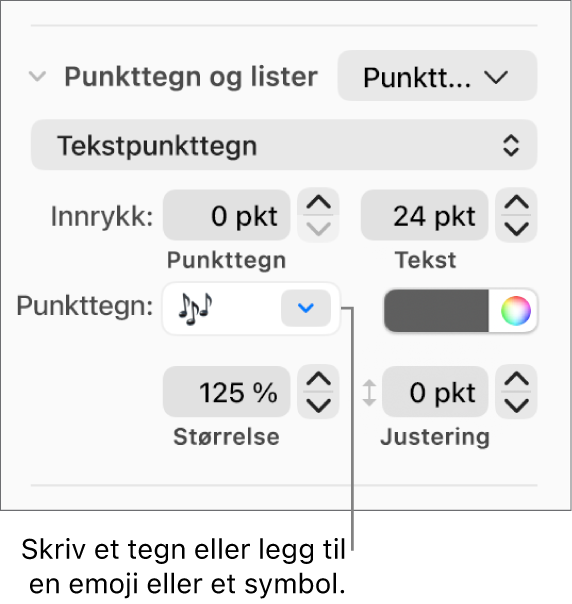 Punkttegn og lister-delen i Format-sidepanelet. Punkttegn-feltet viser en blomsteremoji.