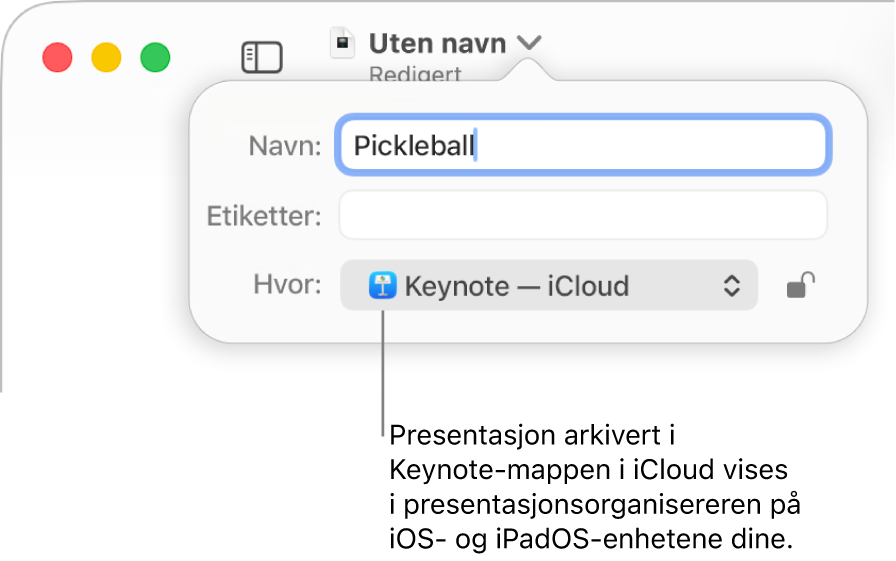 Arkiver-dialogruten for en presentasjon med Keynote – iCloud i Hvor-lokalmenyen.