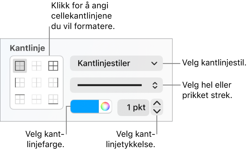 Kontrollene i sidepanelet for å endre utseendet på cellekantlinjene.