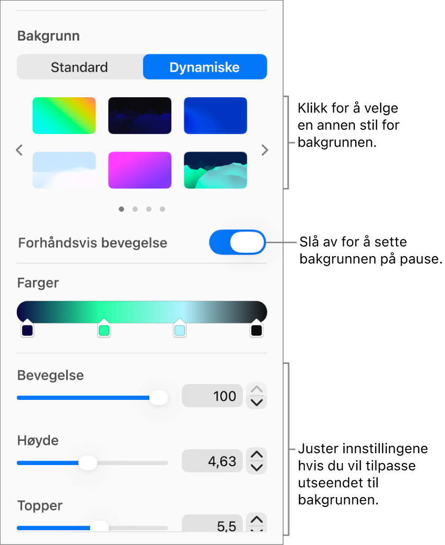 Dynamisk-knappen er markert i Bakgrunn-delen i Format-sidepanelet, og dynamiske bakgrunnsstiler, Forhåndsvis bevegelse-kontroll og utseendekontroller vises.