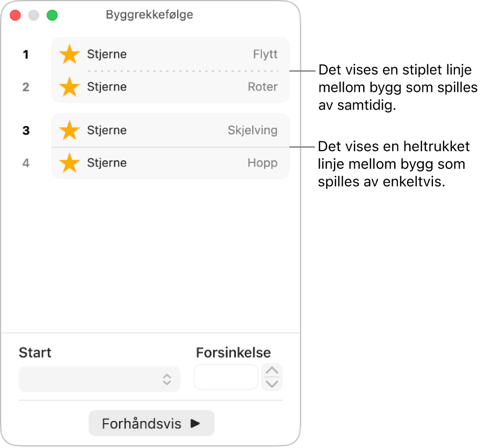 Byggrekkefølge-menyen, med en stiplet linje mellom byggene som spilles av automatisk, og en heltrukket linje mellom bygg som spilles av ett etter ett.