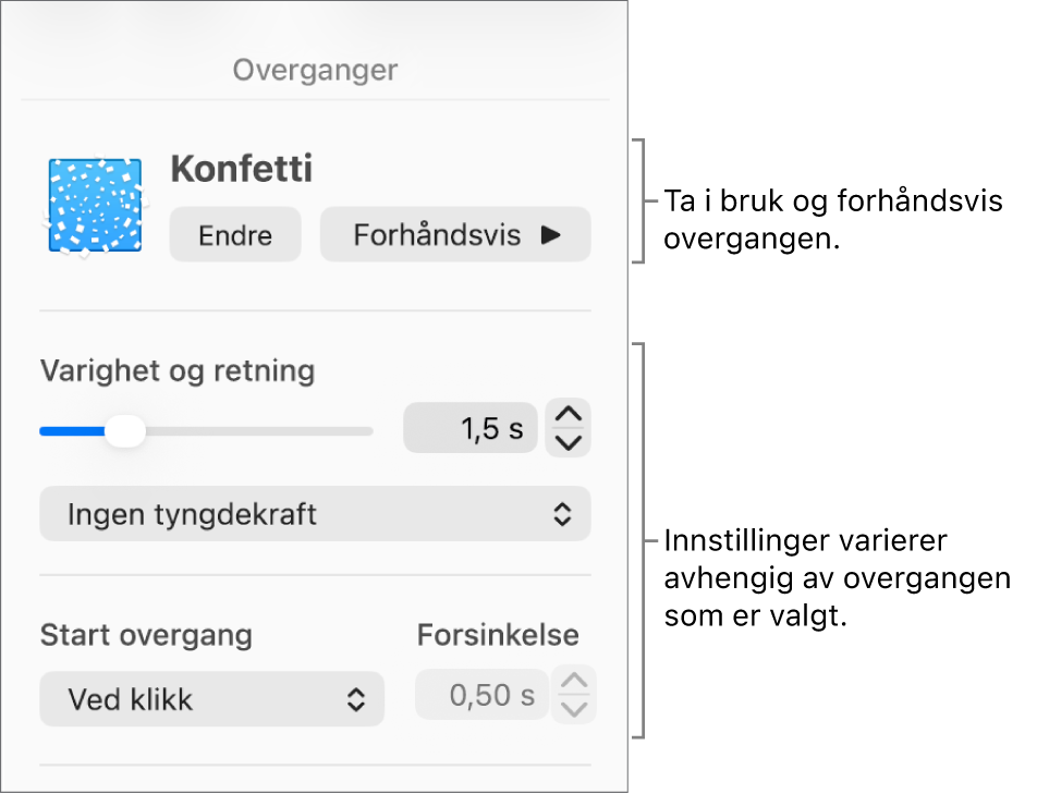 Overgangskontroller i Overganger-delen i sidepanelet.