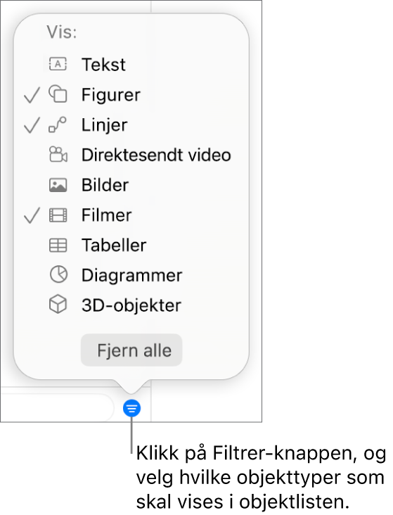 Filtrer-lokalmenyen er åpen og viser en liste over objekttypene som listen kan inneholde (tekst, figurer, linjer, bilder, filmer, tabeller og diagrammer).