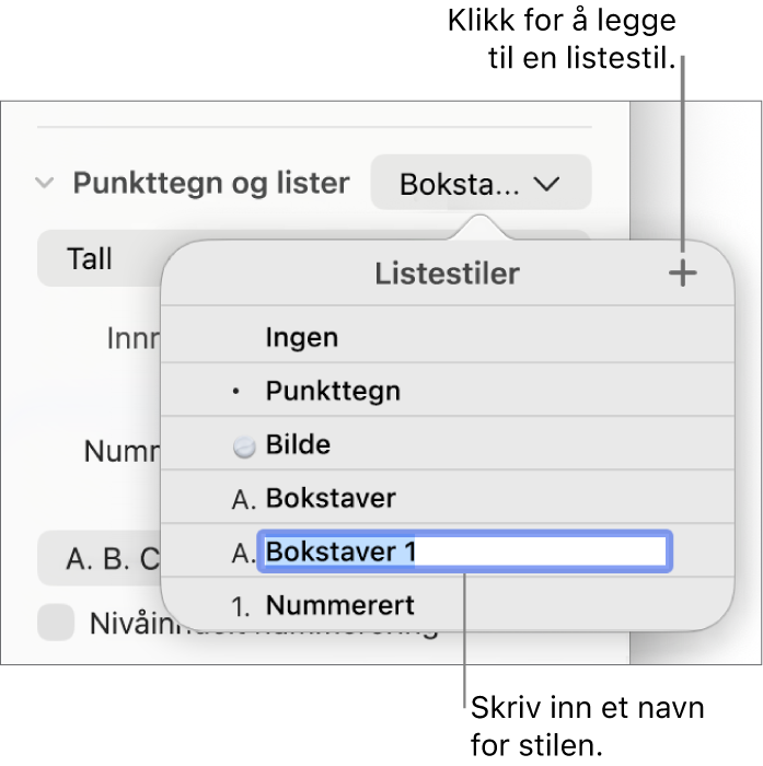 Listestiler-lokalmenyen med en Legg til-knapp øverst i høyre hjørne og et plassholderstilnavn med teksten markert.