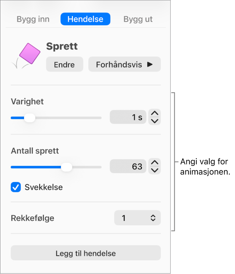 Handlingskontroller i Animer-delen i sidepanelet.