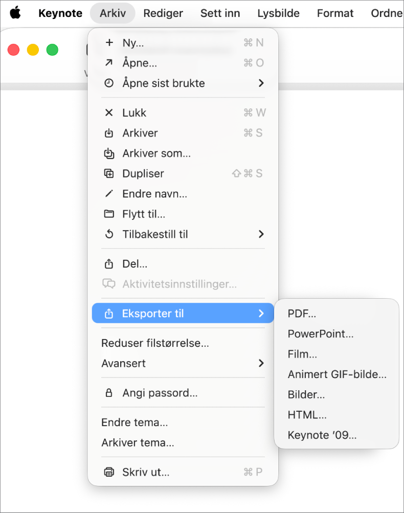 Arkiv-menyen er åpen og Eksporter til er markert, og undermenyen viser eksportvalg som PDF, PowerPoint og Film.