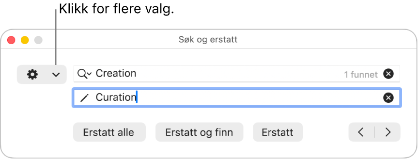 Søk og erstatt-vinduet, med en forklaring for lokalmenyen som viser flere valg.