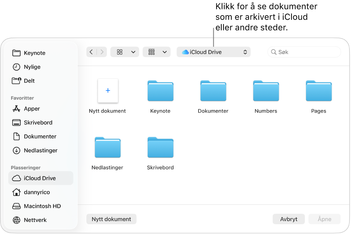 Åpne-dialogruten med sidepanelet åpent på venstre side og iCloud Drive valgt i lokalmenyen øverst. Mapper for Keynote, Numbers og Pages vises i dialogruten sammen med en Nytt dokument-knapp.