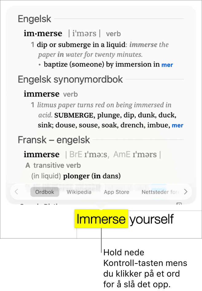 Tekst med et ord markert og et vindu som viser definisjonen og en synonymordbokoppføring. To knapper nederst i vinduet har lenker til ordboken og Wikipedia.