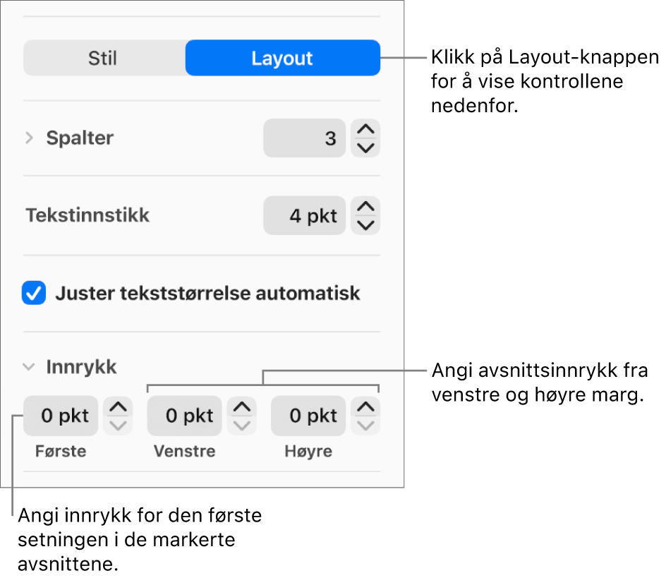 Layout-delen i Format-sidepanelet, som viser kontroller for å angi innrykk for første linje og avsnittsmarger.
