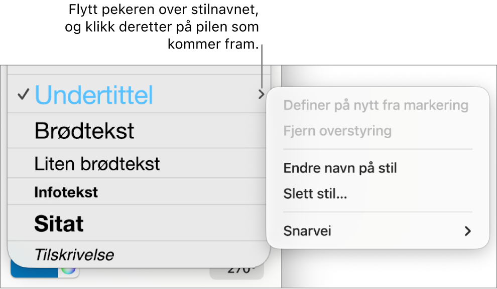Avsnittsstiler-menyen, med snarveismenyen åpen.