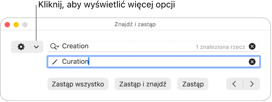Okno Znajdź i zastąp z etykietą wskazującą menu podręczne pokazujące więcej opcji.