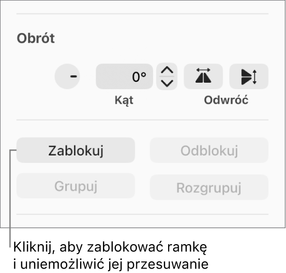 Narzędzia Obrót, Zablokuj oraz Grupuj z wyróżnionym przyciskiem Zablokuj.