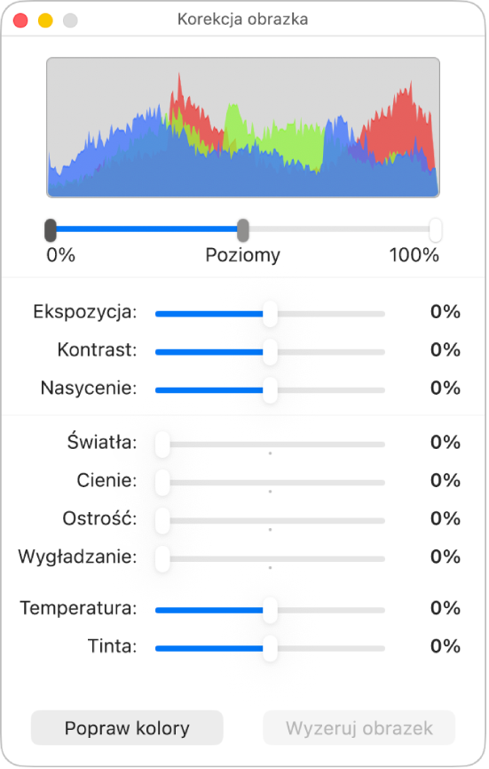 Okno korekcji obrazka, zawierające suwaki do ustawiania ekspozycji, kontrastu, nasycenia, świateł, cieni, ostrości, wygładzania, temperatury i tinty.