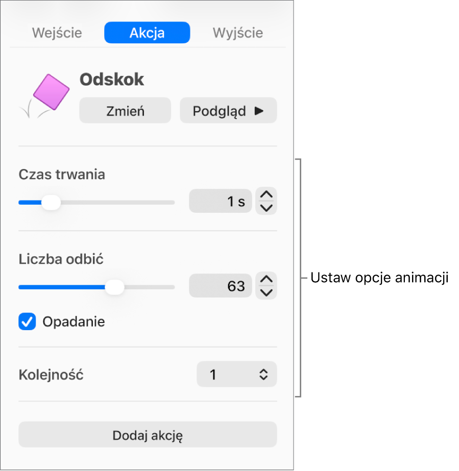Narzędzia akcji w sekcji Animacja na pasku bocznym.