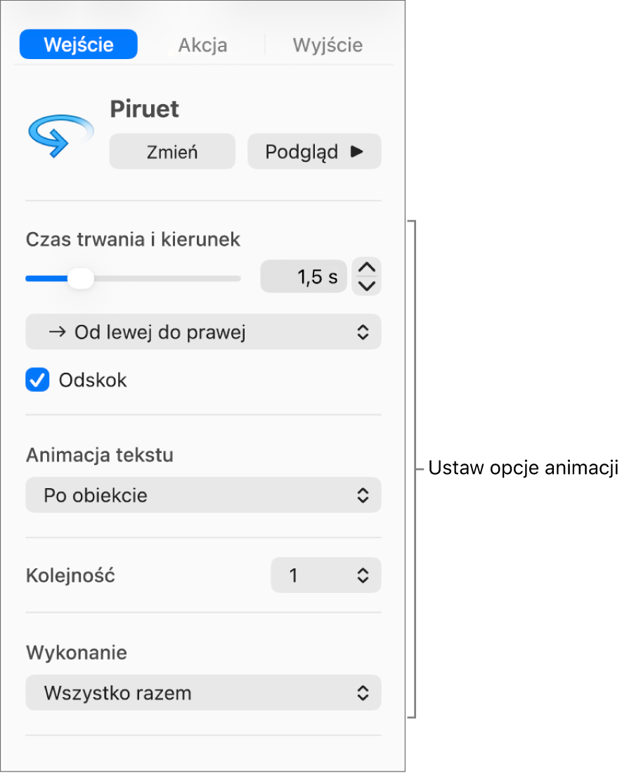 Opcje wejścia na karcie Animacja na pasku bocznym.