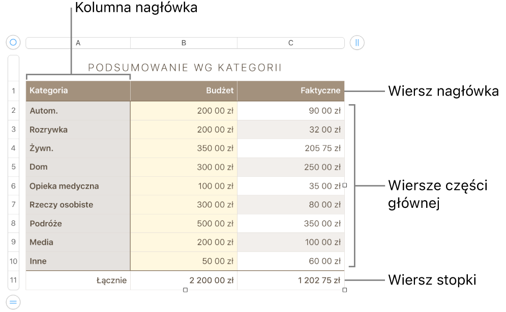 Tabela z wierszami i kolumnami nagłówka, części głównej i stopki oraz uchwytami dodawania lub usuwanie wierszy lub kolumn.