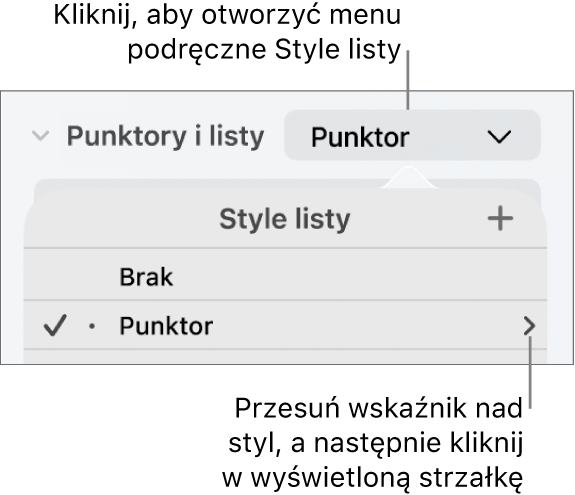 Menu podręczne Style listy z jednym zaznaczonym stylem oraz strzałką po prawej stronie jego nazwy.