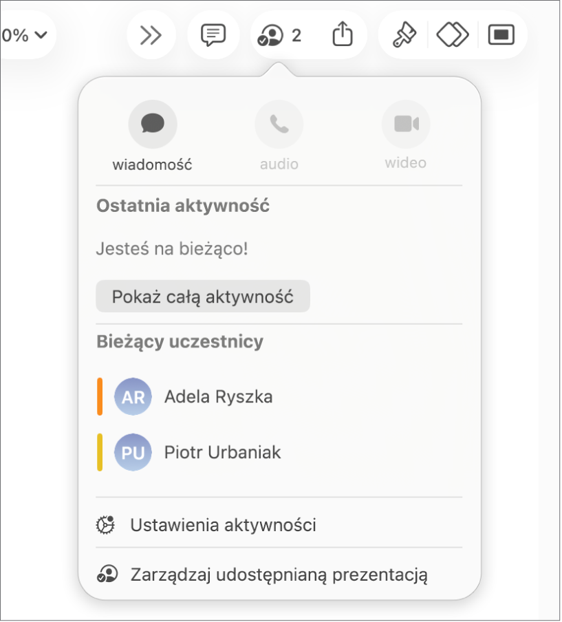 Menu współpracy zawierające nazwiska osób wspólnie pracujących nad prezentacją.
