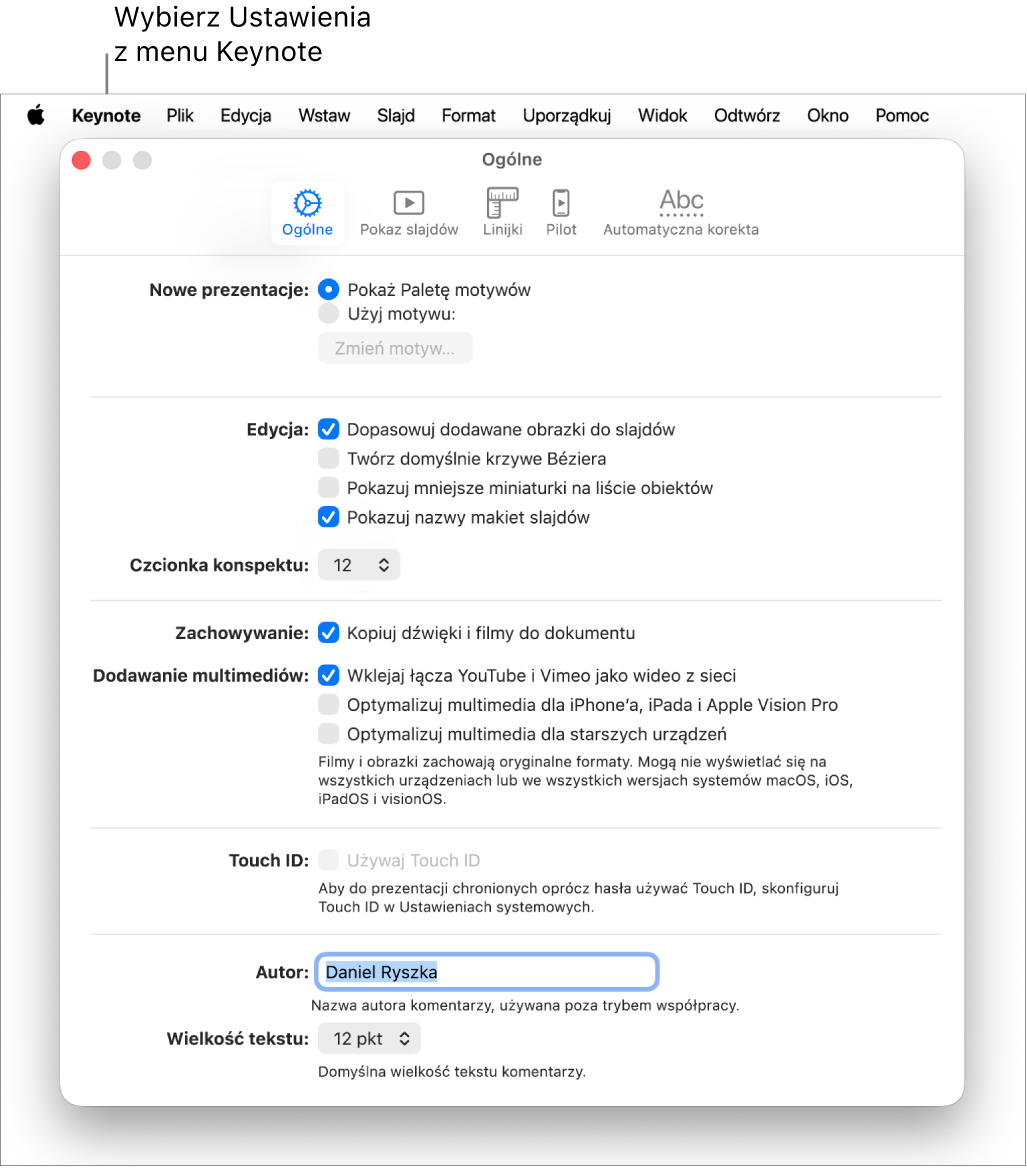 Okno ustawień Keynote z otwartym panelem Ogólne.