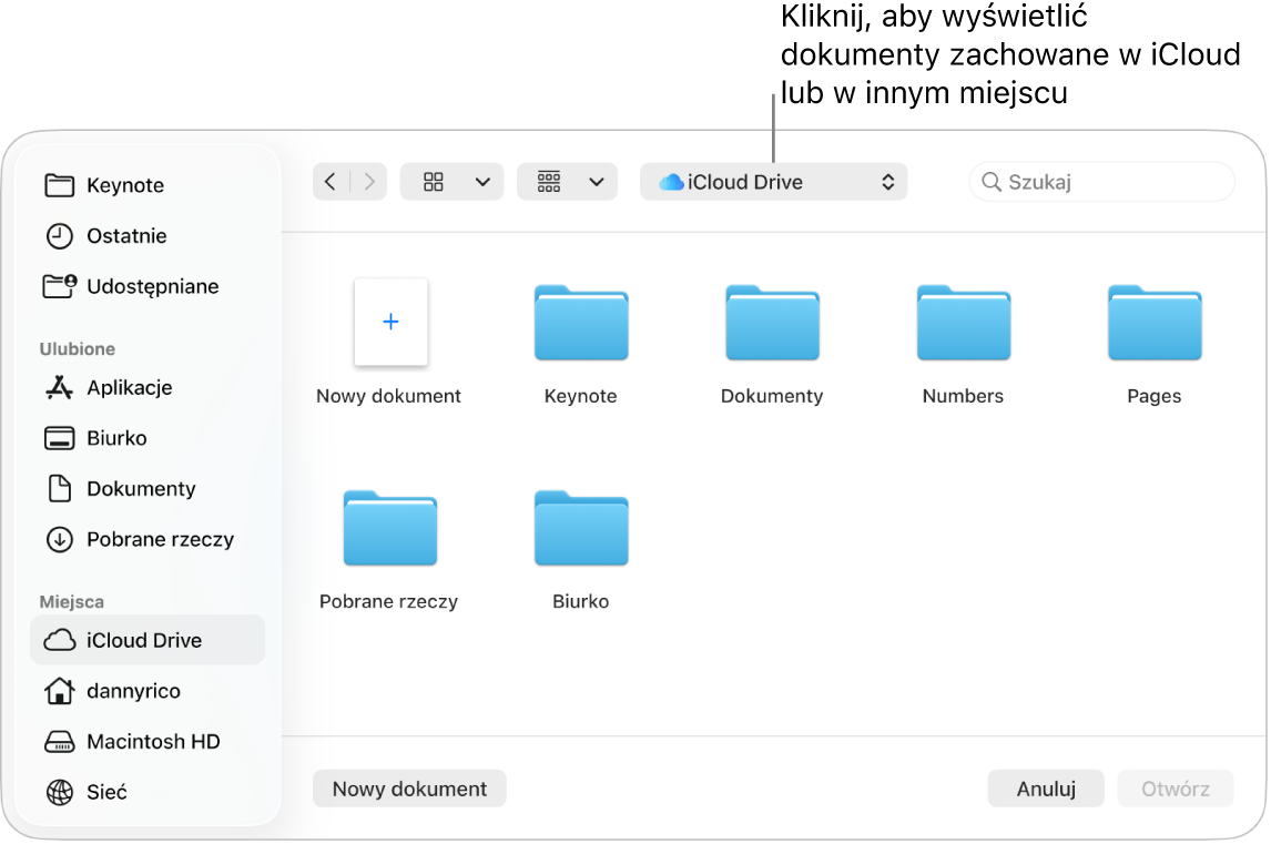 Okno dialogowe Otwórz z paskiem bocznym widocznym po lewej. W menu podręcznym znajdującym się na górze wybrana jest opcja iCloud Drive. W oknie dialogowym widoczne są foldery Keynote, Numbers i Pages, a także przycisk Nowy dokument.