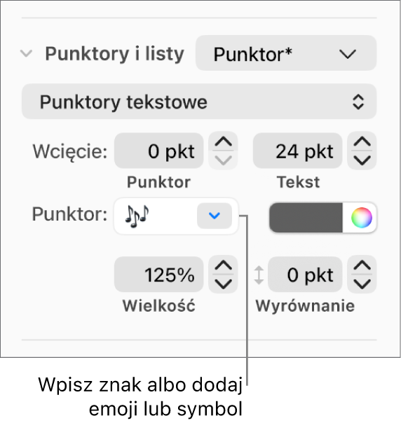 Sekcja Punktory i listy na pasku bocznym Format. Pole Punktor zawiera emoji przedstawiające kwiatek.