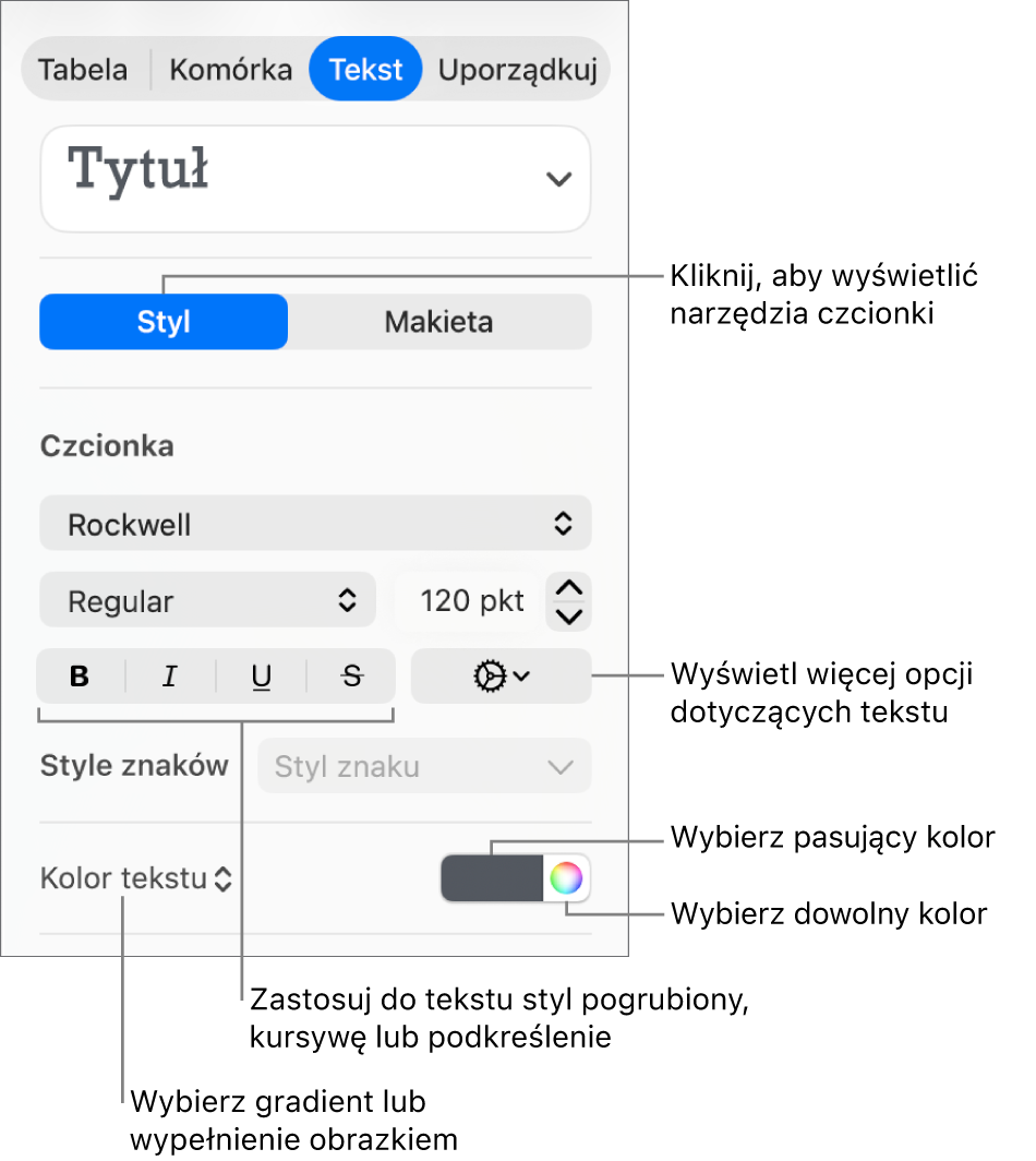 Narzędzia edycji stylu tekstu w tabeli.