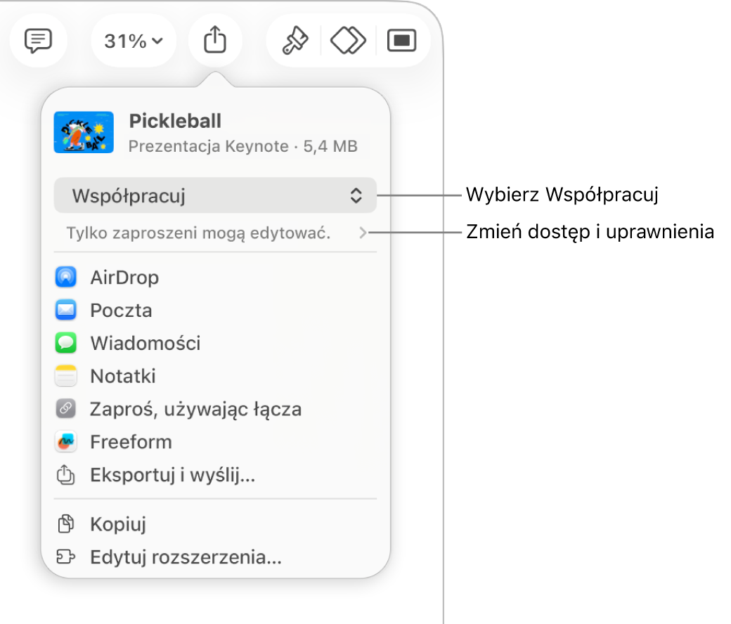 Menu udostępniania z opcją Współpracuj wybraną u góry oraz ustawieniami dostępu i uprawnień poniżej.