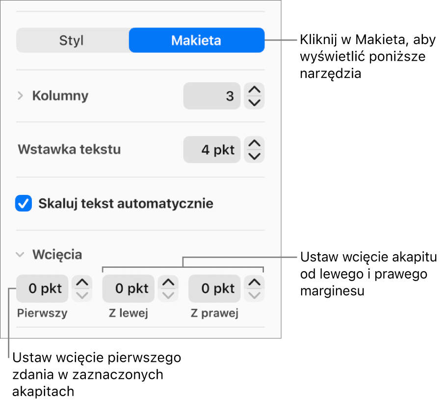 Sekcja Makieta na pasku bocznym Format, zawierająca narzędzia ustawiania wcięcia pierwszego wiersza oraz marginesów akapitu.