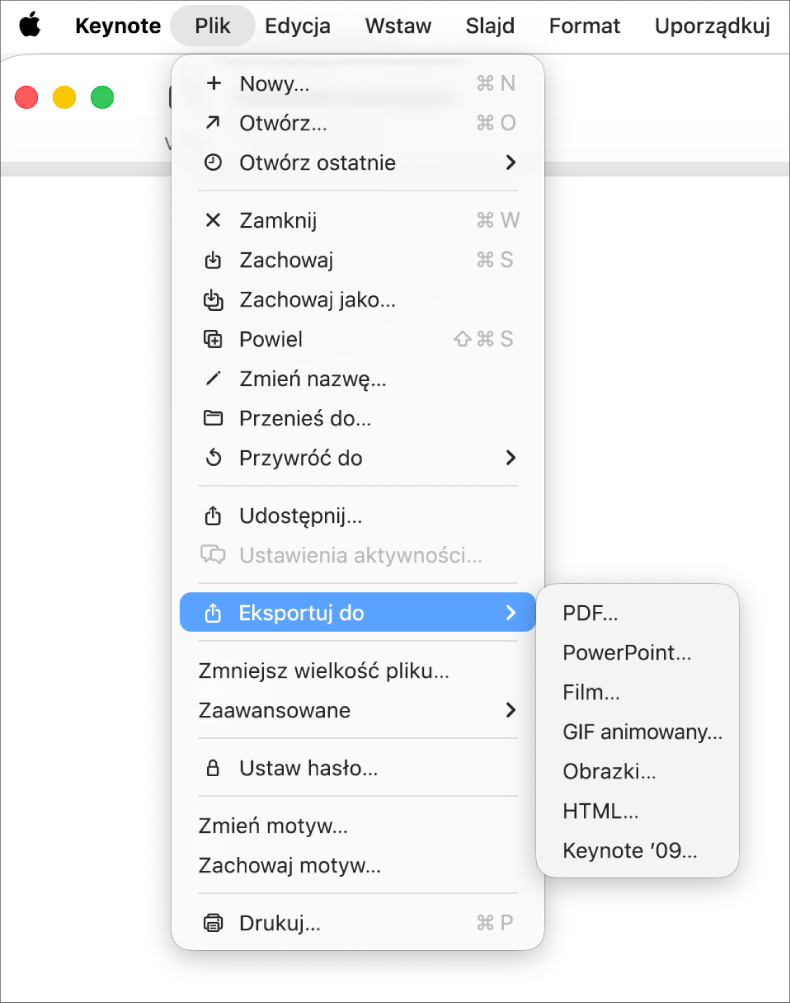 Otwarte menu Plik z wybranym poleceniem Eksportuj do i widocznym podmenu zawierającym opcje eksportu, takie jak PDF, PowerPoint oraz Film.