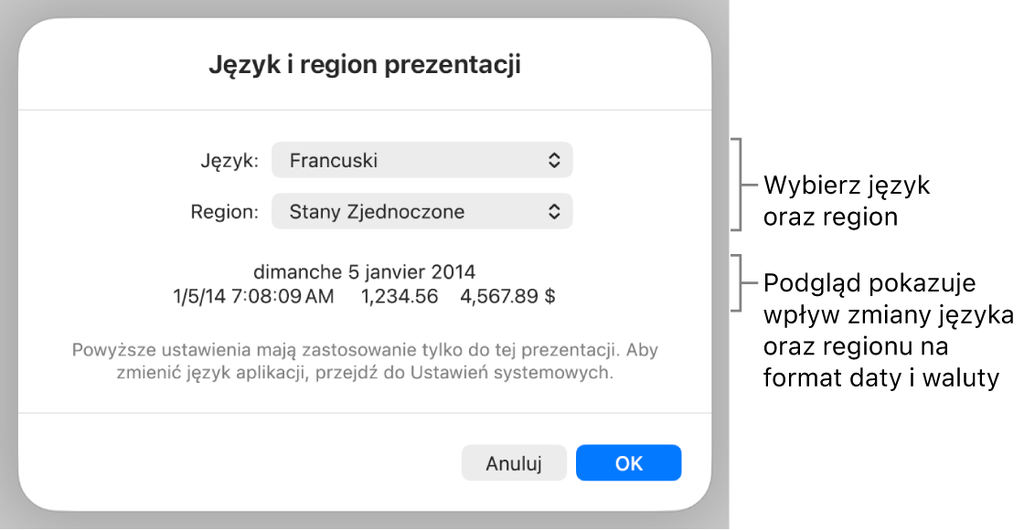 Panel Język i region z narzędziami do ustawień języka i regionu, a także przykład formatu zawierający datę, czas, liczbę dziesiętną oraz walutę.