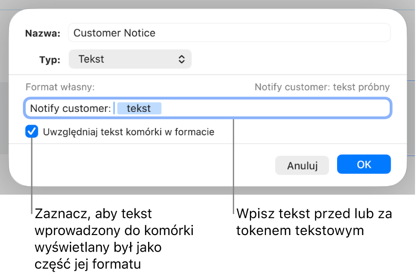 Format własny komórki z tekstem.