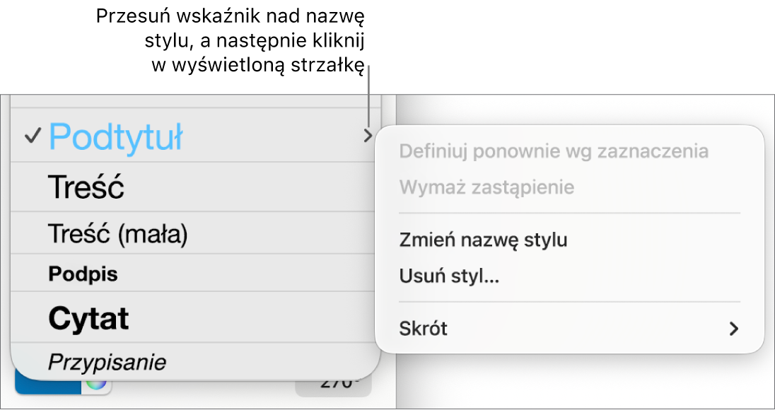 Menu Style akapitu z otwartym menu skrótów.