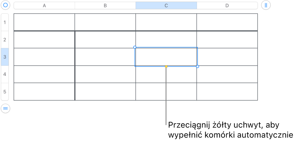 Zaznaczona komórka z żółtym uchwytem, który można przeciągnąć, aby automatycznie wypełnić komórki.