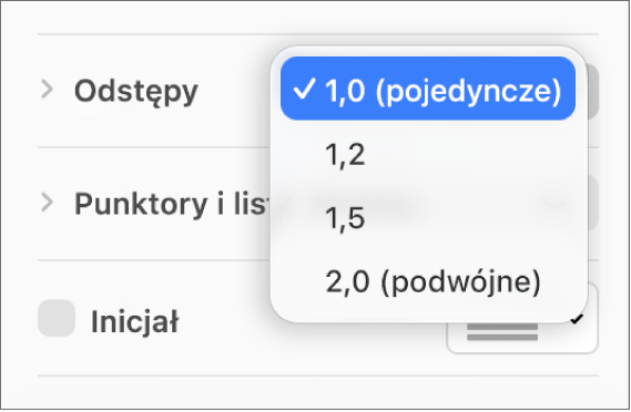 Menu podręczne Odstępy, zawierające pozycje Pojedyncze, Podwójne oraz inne opcje.