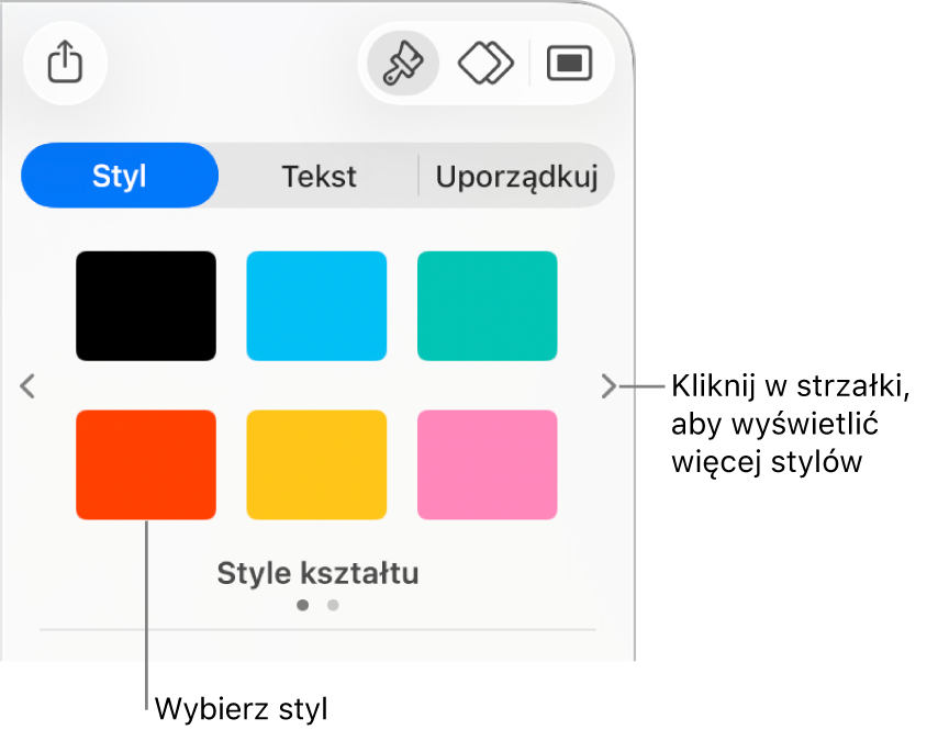 Karta Styl na pasku bocznym Format, zawierająca sześć stylów obiektu oraz strzałki nawigacji po lewej i po prawej.