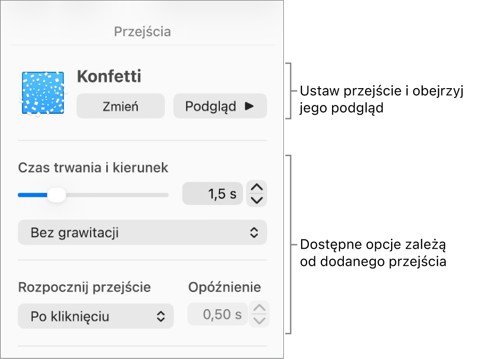Narzędzia przejść w sekcji Przejścia paska bocznego.